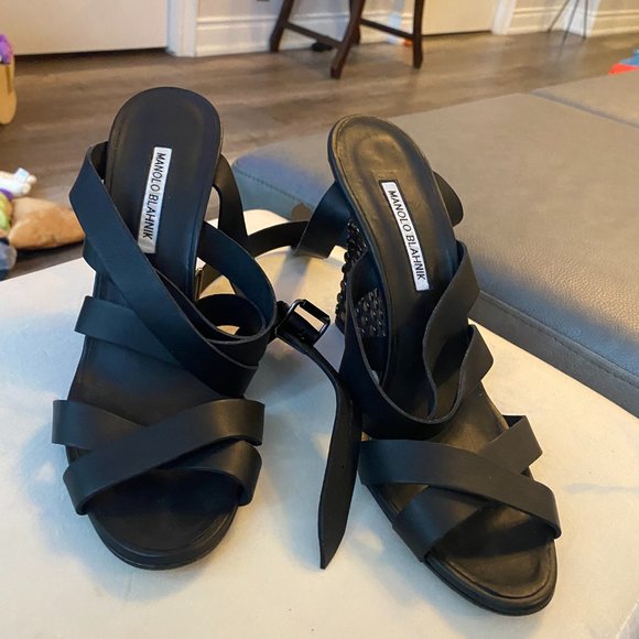 Black Manolo Blahnik Wedge Sandals - Picture 3 of 8